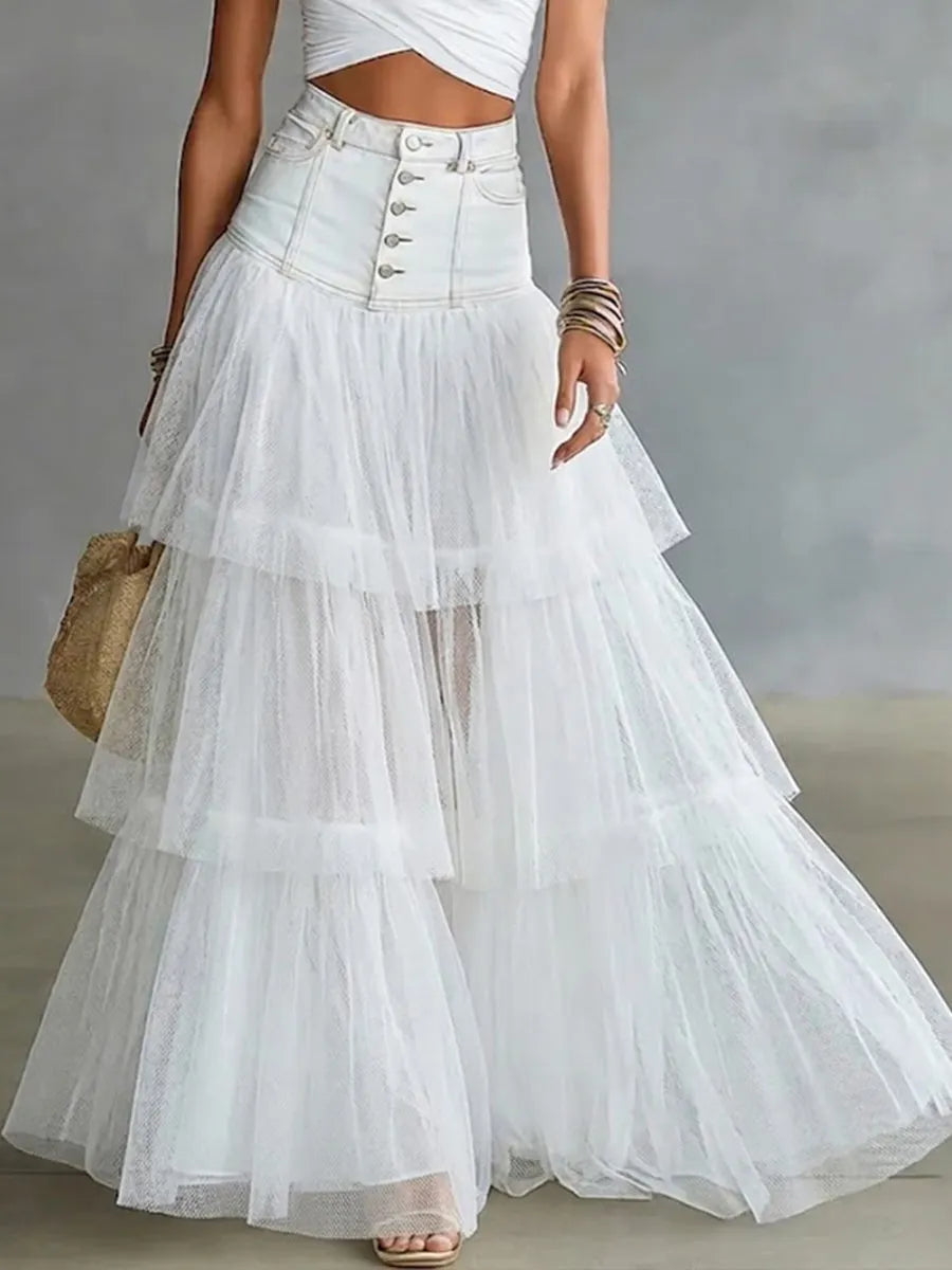 Stylish Casual Spliced mesh Denim Skirt