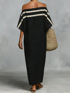 Off-the-shoulder, Straight-neck Linen And Cotton Dress