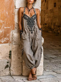 Women's V-neck Sleeveless Wide-leg Jumpsuit â Casual, Loose-fit Cotton-linen Blend With Placement Print