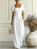 Women'S Solid Color Square-cut Collarshort Sleeve Vacation Jumpsuit
