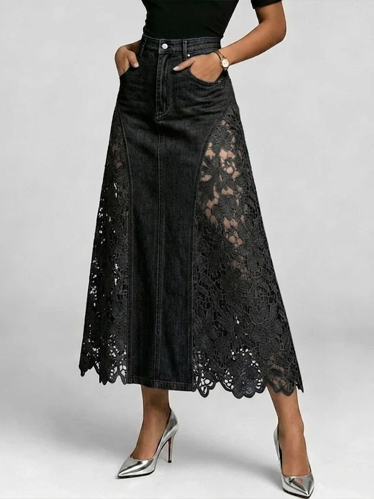Casual Spliced lace Denim Skirt