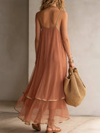 Dusty Pink And Gold Trim Halter-neck Ruffled Maxi Dress