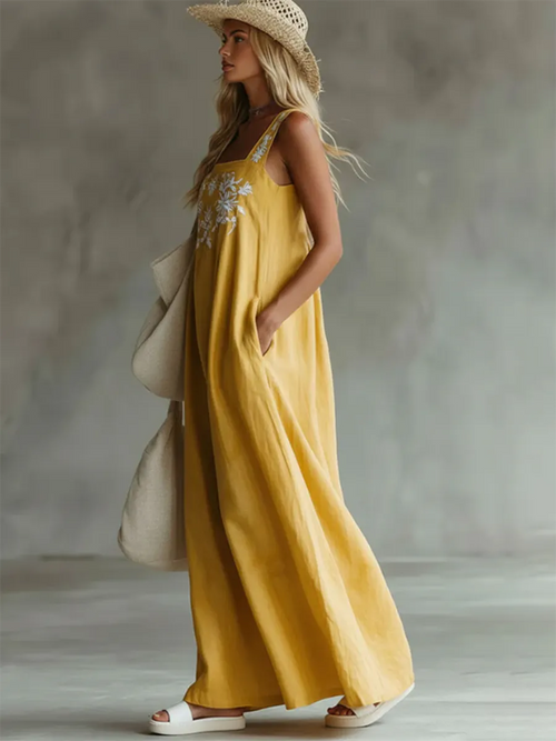 Casual Bohemian Floral-print Cotton-linen Dress