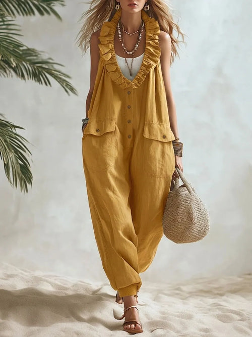 Casual Linen And Cotton Ruffled Collar Jumpsuit