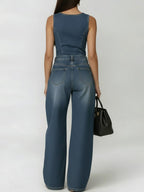 Women's Round Neck Sleeveless Casual Loose Denim Wide-leg Jumpsuit