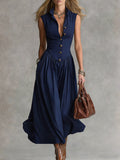 Women's Solid Color Collared Sleeveless Casual Loose Cotton Linen Dress