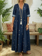 Casual Gold Star Print 100% Cotton Denim Dress