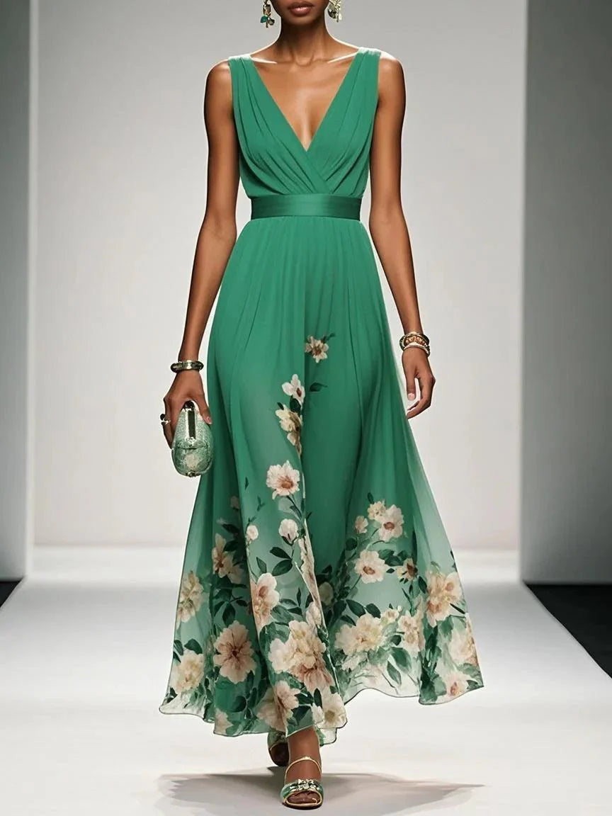 Light Blue Floral Chiffon V Neck Sleeveless A-Line Maxi Dress