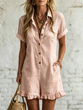 Women's Short-sleeve Shirt Romper â Pleated Cotton-linen Jumpsuit