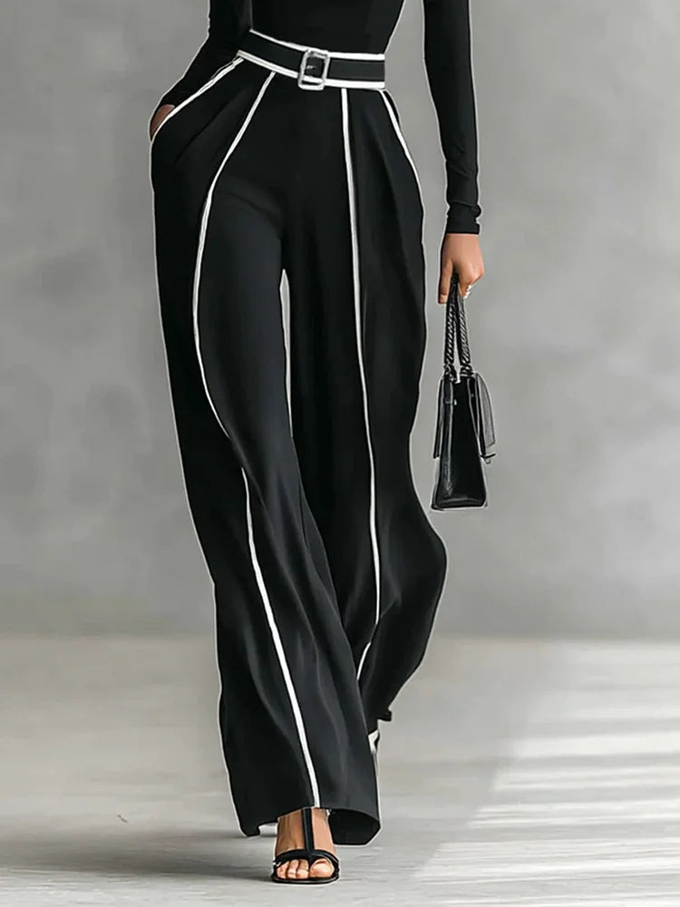 Long Sleeve High Neck Top Set with White Trim, Wide Leg Pants and Belt