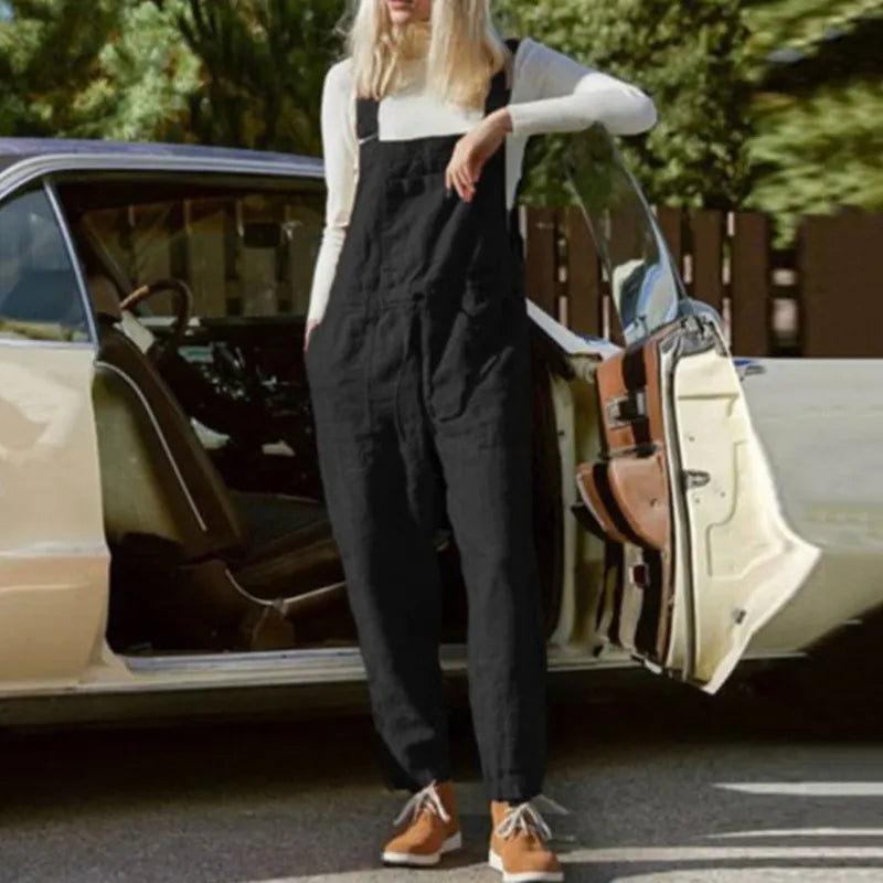 Solid Color Pocket Casual Overalls