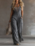 Casual Loose-fitting Button-up Gray Denim Jumpsuit Overalls