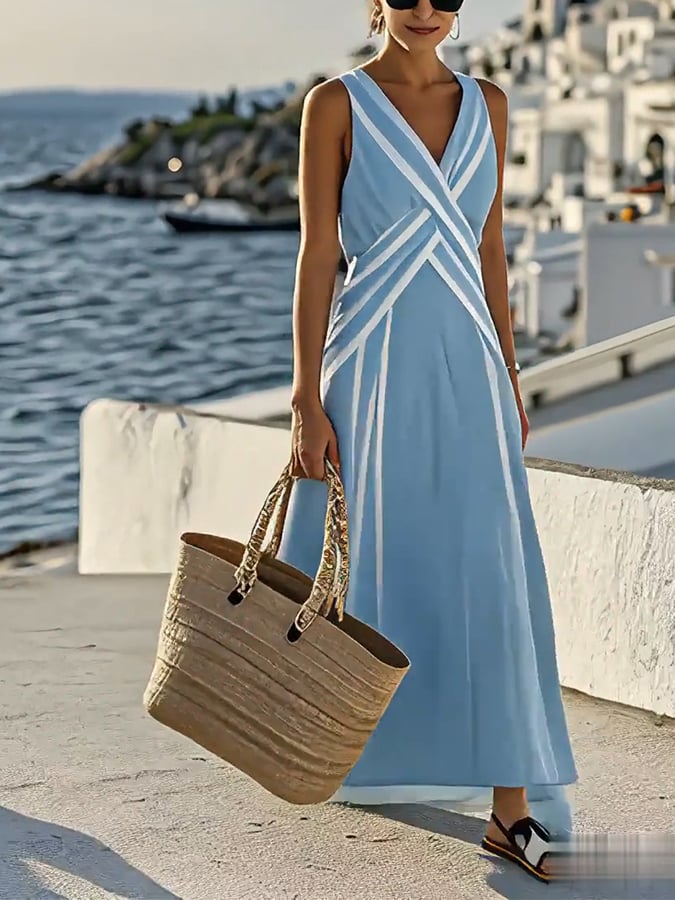 Women'S V-Neck Sleeveless Striped Holiday Loose Dress