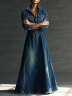 Women Stylish Art Stand Collar Washed Denim Midi Dress