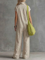 Women's Solid-color Lapel Short-sleeve Casual Loose Cotton-linen Wide-leg Jumpsuit