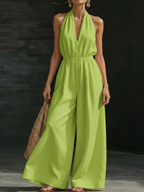 Minimalist And Elegant Halter-neck Wide-leg Linen Jumpsuit
