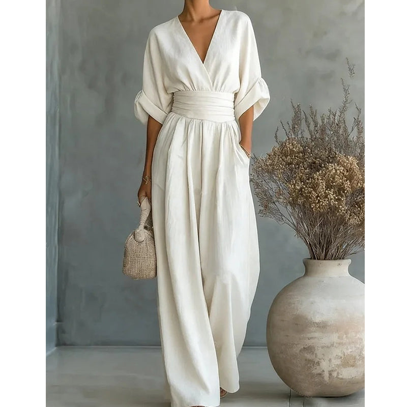 Flowy V-Neck Wide-Leg Jumpsuit with Waist Tie