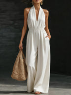 Minimalist And Elegant Halter-neck Wide-leg Linen Jumpsuit