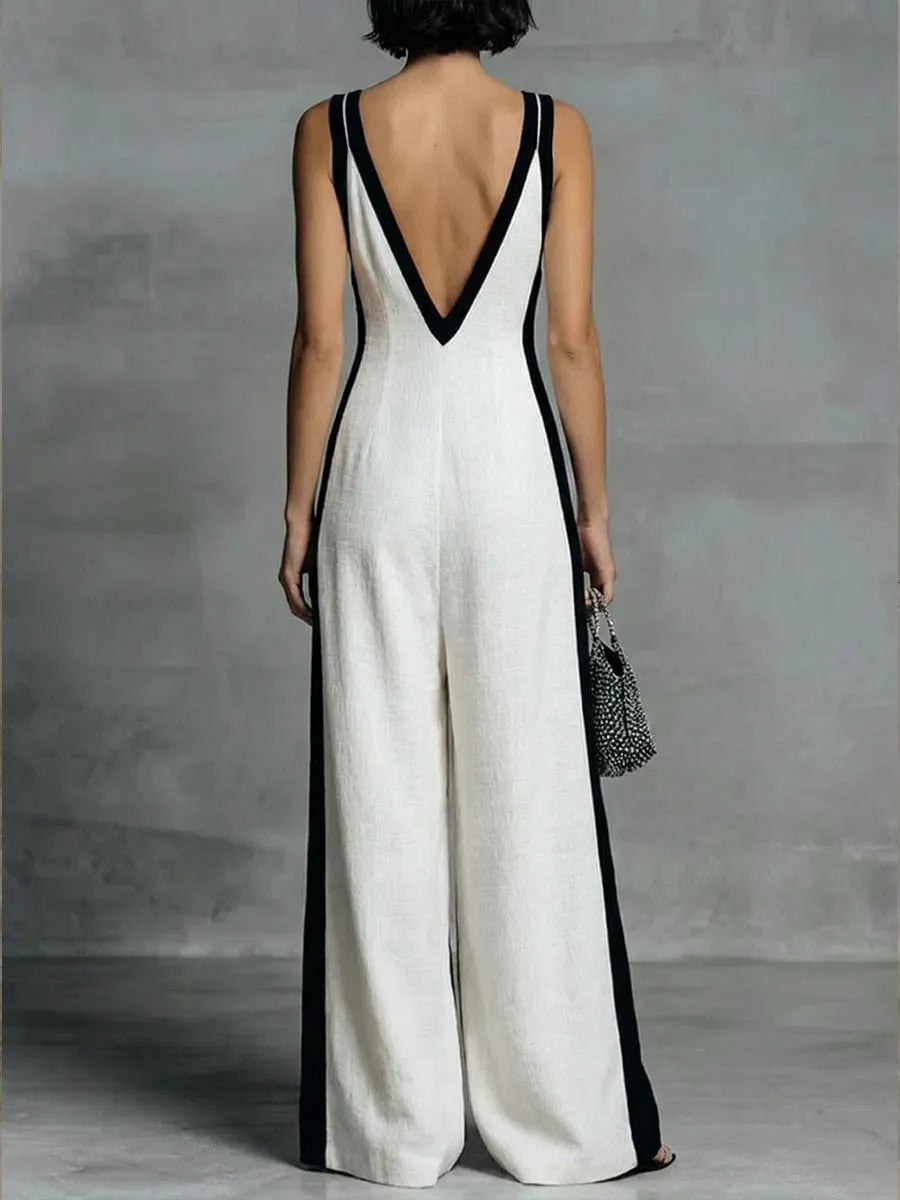 Patchwork Linen And Cotton Sleeveless Jumpsuit