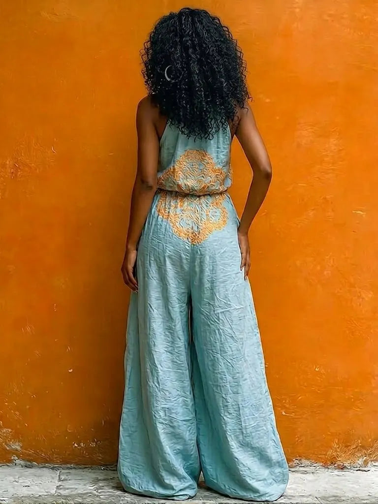 Bohemian Vintage Floral Print Linen And Cotton Jumpsuit