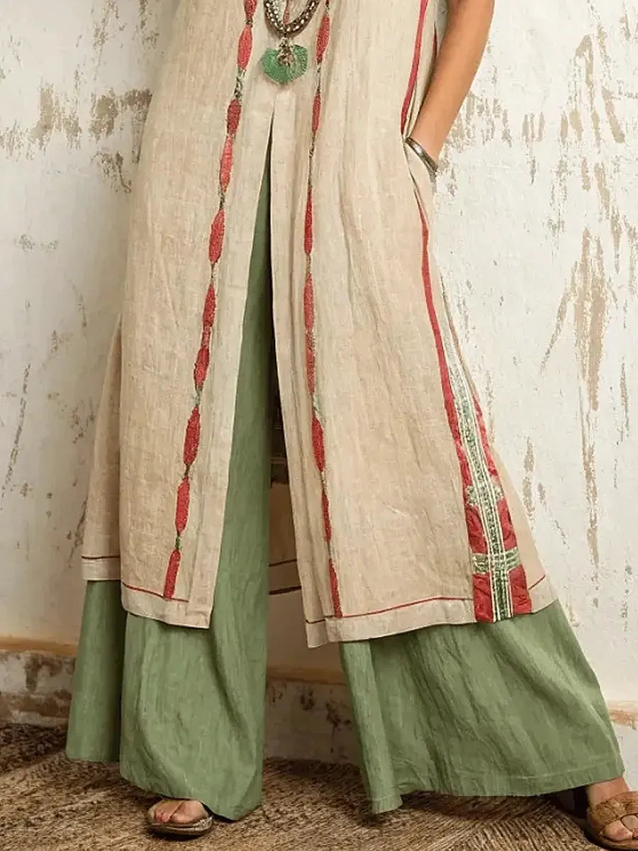 Women's Ethnic Comfortable Loose Sleeveless Top + Pants Cotton Linen Two-piece Set