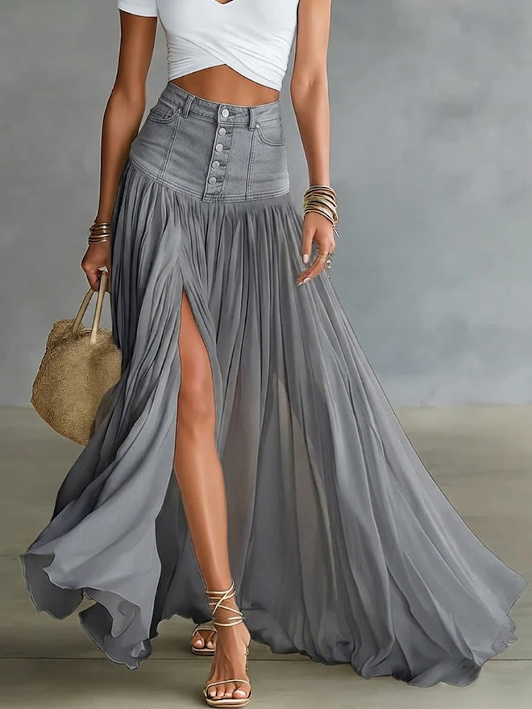 Casual Spliced chiffon And Denim Skirt