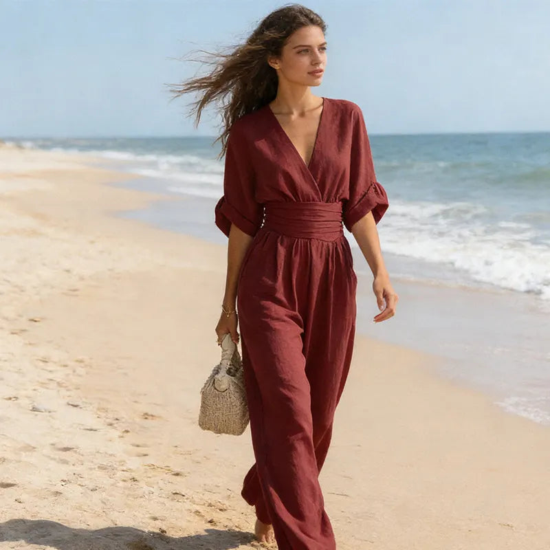 Flowy V-Neck Wide-Leg Jumpsuit with Waist Tie