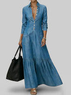Women's Shirt Collar Long-sleeved Loose A-line Denim Dress