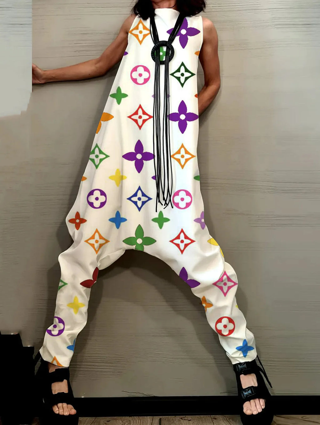 Fashion Plain Sleeveless Asymmetrical Harem Pants Tank Jumpsuit