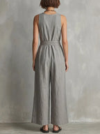 Women's Solid-color V-neck Sleeveless Casual Loose Cotton-linen Wide-leg Jumpsuit