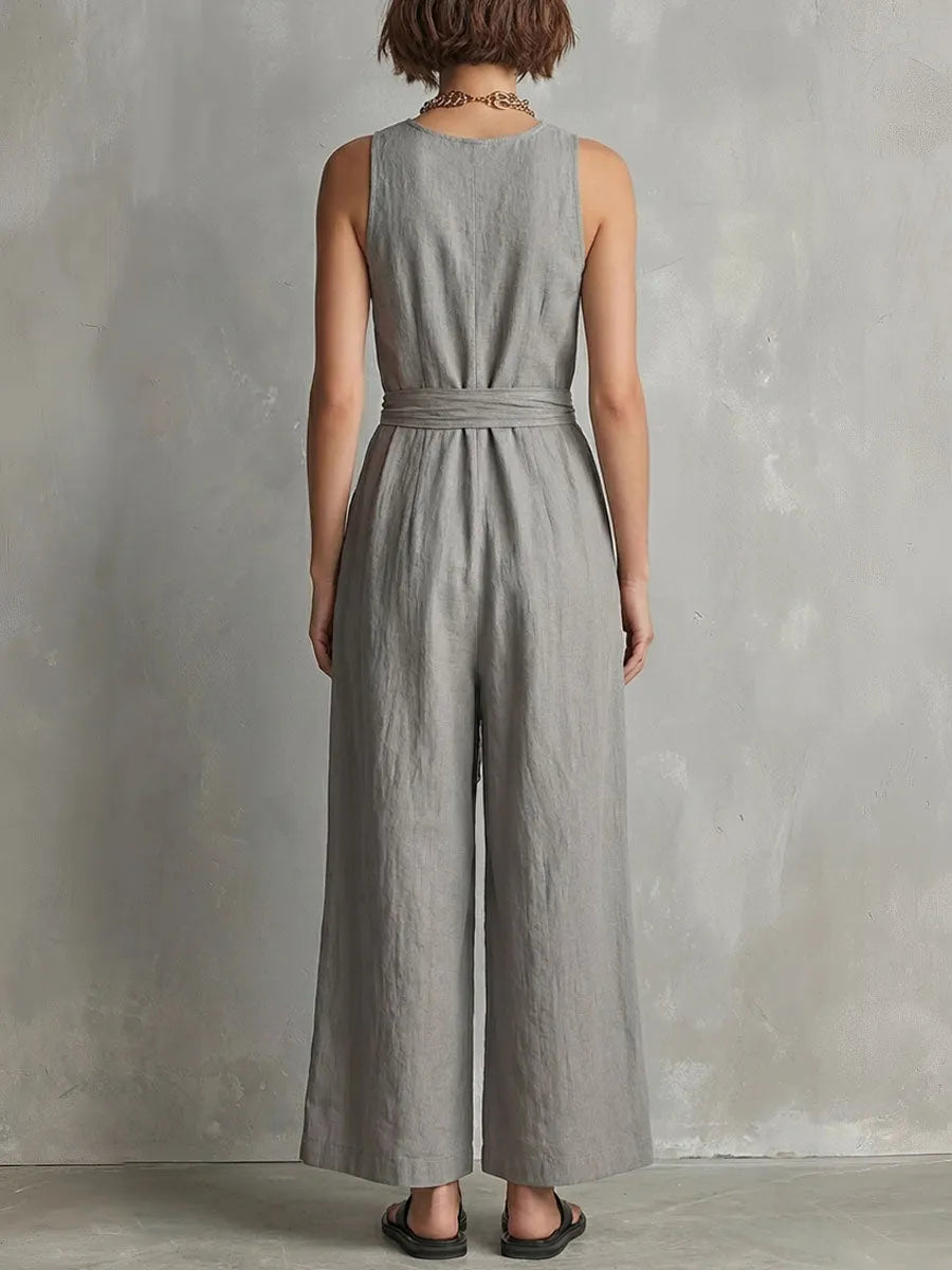 Women's Solid-color V-neck Sleeveless Casual Loose Cotton-linen Wide-leg Jumpsuit