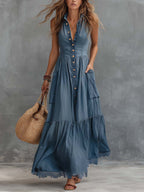 Tencel Denim Sleeveless Button-down Long Dress
