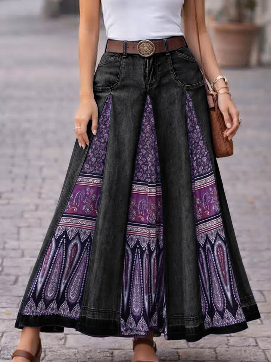 Women's High-waisted Casual Loose-fit Denim Skirt â Printed & Paneled A-line