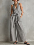 Women's Solid-color V-neck Sleeveless Casual Loose Cotton-linen Wide-leg Jumpsuit