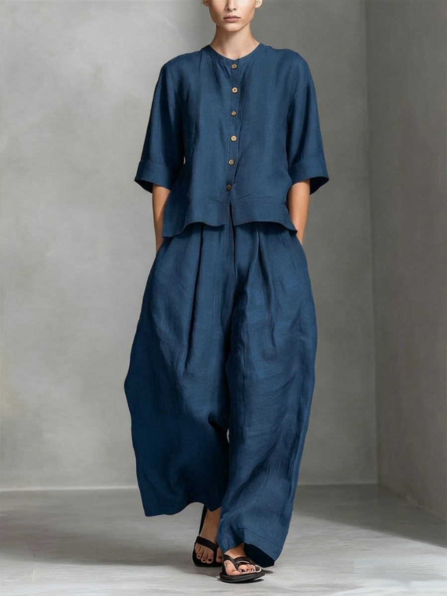 Women's Solid Color Round Neck 3/4 Sleeve Casual Loose Cotton Linen Top And High Waist Wide-leg Pants Cotton Linen Set
