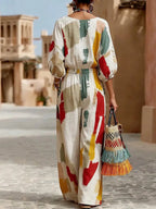Women's Abstract Print V-neck 3/4-sleeve Casual Loose Cotton-linen Jumpsuit