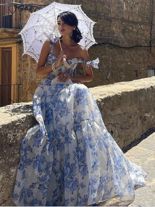 Organza Floral Print Tie Strap Maxi Dress