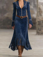 Retro Embroidered Dark Blue Faux Suede Tassel Maxi Dress（Includes belt）