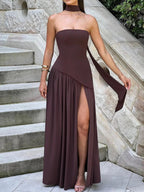 Strapless Slit Ribbon Maxi Dress