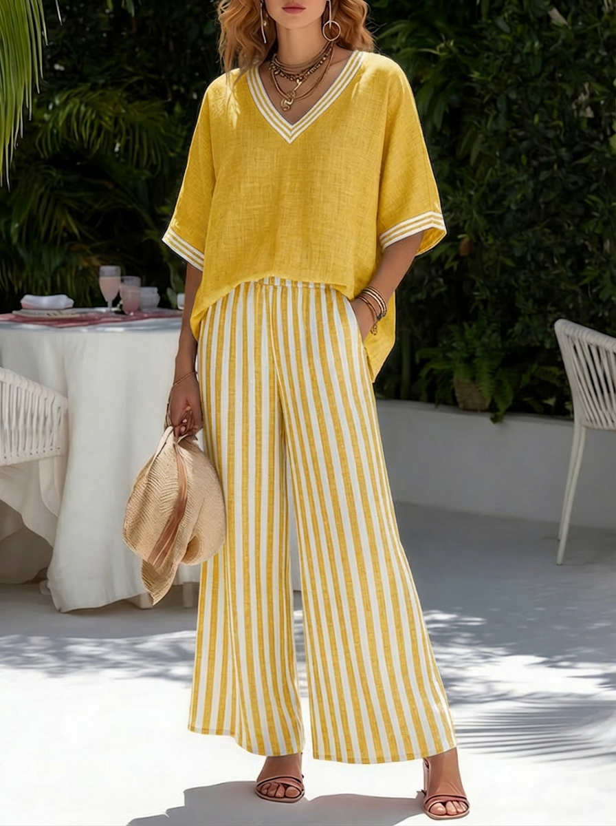 Rashika - Elegantes Lässiges Set Aus Gestreiftem Leinen Und Baumwolle