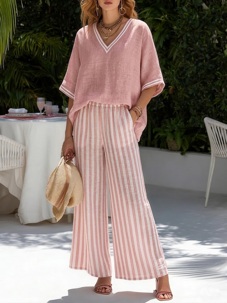 Rashika - Elegantes Lässiges Set Aus Gestreiftem Leinen Und Baumwolle